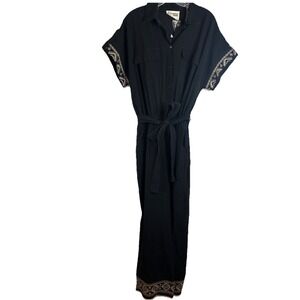 Savanna Jane Blk  Embroidered Jumpsuit Belted Button Southwestern Boho Cotton 1X